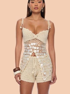 Crochet Cream Two-Piece Romper Set